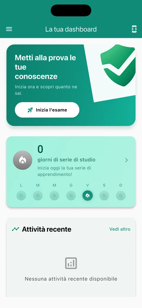 Schermata reale della dashboard di SsmMeApp, con accesso ai test e attività di studio.